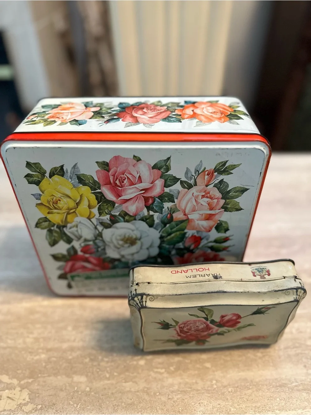 Vintage Floral Chocolate Tins  Set of 2 - Rose Motif, White & Red